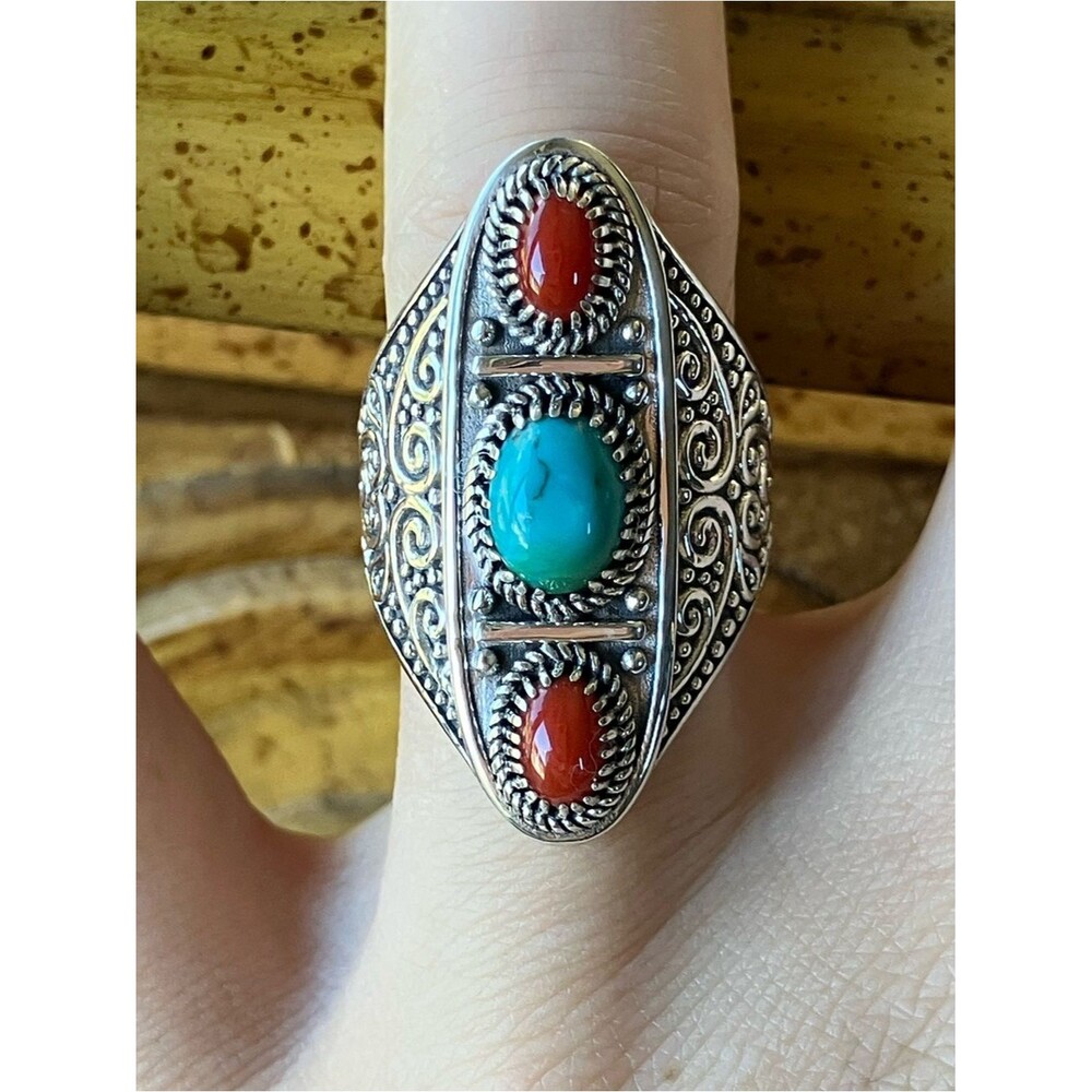 Blue Moon Turquoise Coral Sterling Silver Ring Size 6